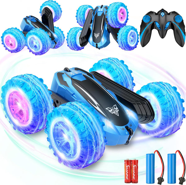 KKONES Remote Control Car, 2.4GHz Electric Race Stunt Car, Double Sided 360° Rolling Rotation, LED Headlights