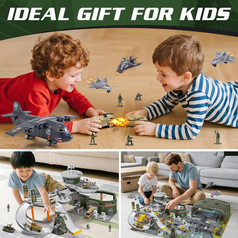 Set Military Base Toy Race Track with Airplane, Tanks, Cars, Helicopters, Fighter Jets, Army Men Action Figures
