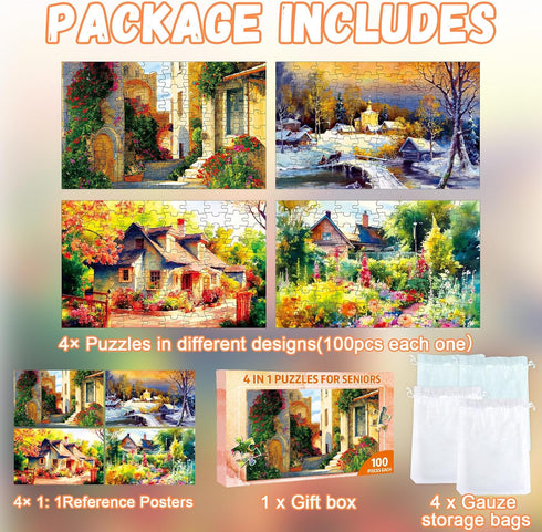 ZOiiWA 4 Pack 100 Pcs Dementia Puzzles for Elderly - Country Life Activities for Seniors, Alzheimer’s Memory Cognitive