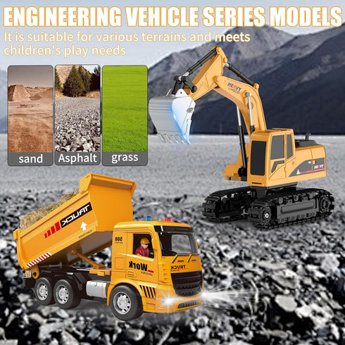 MQDMINI Set 3-12 Remote Control Excavator and Dump Truck Toy - RC Construction Vehicles Toy with Barricades, Road