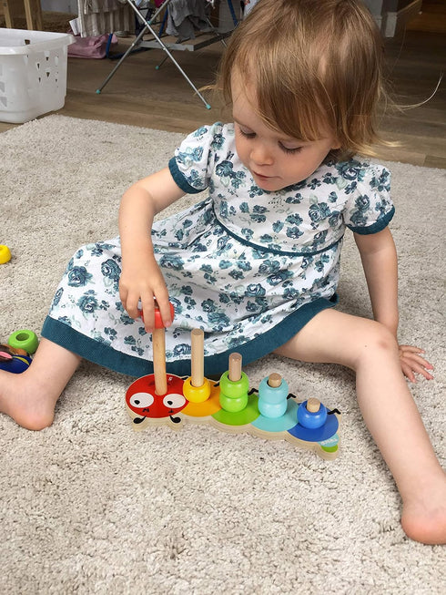 TOWO Wooden Stacking Rings Baby Caterpillar Counting Game, Colour Sorting Puzzle, 5 Pegs Ring Stacker, Early Learning