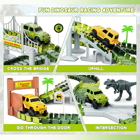 Dinosaur Tracks 271 PCS Set - Create a Dinosaur World Road Race with 2 Cars and 2 Dinosaur Toys for Ages 3-8