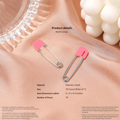 Lxnoap 10-Pack Stainless Steel Baby Safety Pins (Pink)