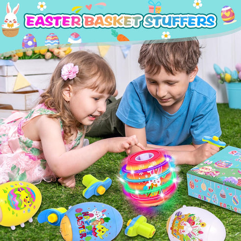 Itscolofy 4 Pack Easter Basket Stuffers for Kids Light Up Spinning Singing Tops with Flash, Easter Gifts for Toddler