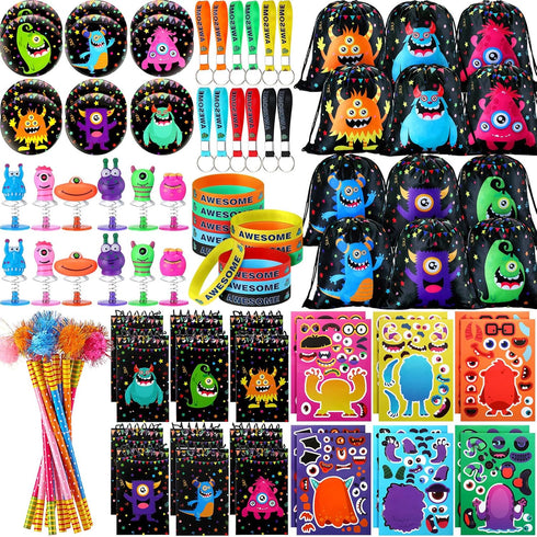 Abbylike 102 Pcs Monster Party Favors, Make Your Own Stickers, Spring Launchers, Drawstring Backpack, Notebooks & More