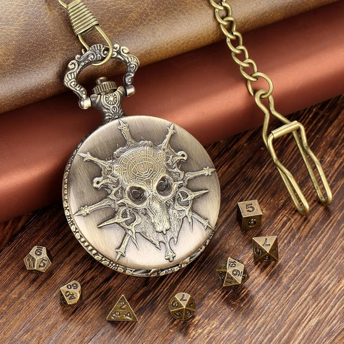 Mini DND Dice Set, 7pcs Polyhedral Metal D&D Dice with Steampunk Warlock Pocket Watch Shell Case, Bronze Gifts