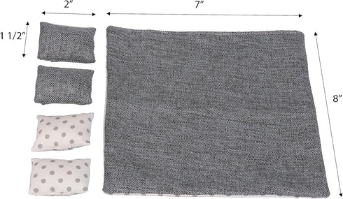 Dollhouse Bedding 5 Piece Set with Comforter & Pillows, Realistic Bedroom Accessories for 6 inch Dolls, Gray and White