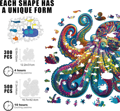 Unique Wooden Jigsaw Puzzles - Agate Octopus, 300 Pcs Medium Size, Luxurious Animal Shaped Wood Puzzle