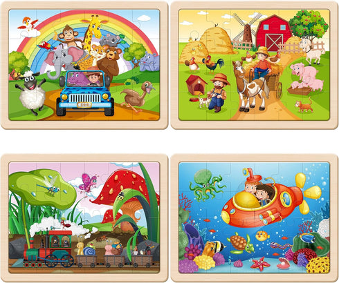 SYNARRY Large Animals Wooden Puzzles for Kids 4 in 1 Gift Box(12.2 * 9.4 in) - FSC Certified, Jigsaw Puzzles for Toddlers 2-4, Puzzles for Kids Ages 4-6, Wood Toys Gifts for 3 4 5 Year Old Boys Girls