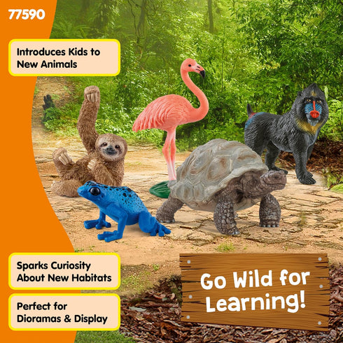 5PC Playset 5+ 77590 Schleich Wild Life - Exotic Animal Starter Figurine Bundle - With Flamingo, Sloth, Frog, Giant