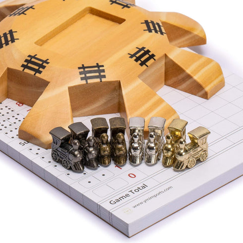 Yellow Mountain Imports Mexican Train Dominoes Accessory Set - 5.8-Inch Wooden Hub, Die-Cast Metal Markers, Scorepad