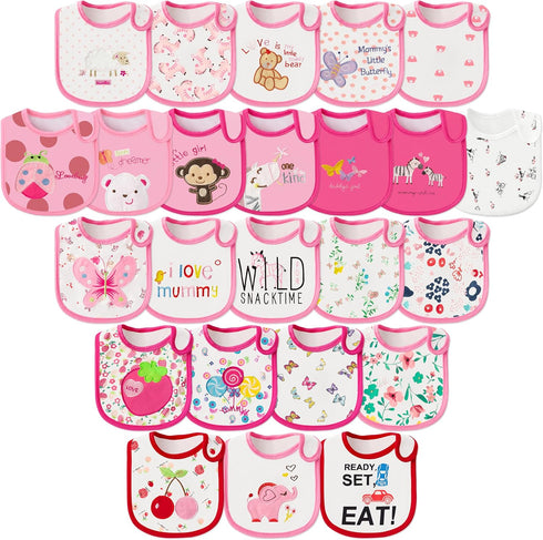 Cotton Waterproof Baby Bibs - 24Pcs Adjustable Hook Loop Closure Bib for