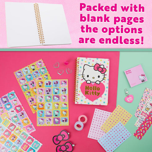 Hello Kitty A5 DIY Journal Kit for Girls Teens Kawaii Spiral Notebook Hair Clips Keychain Bookmark Stickers Cute Stuff