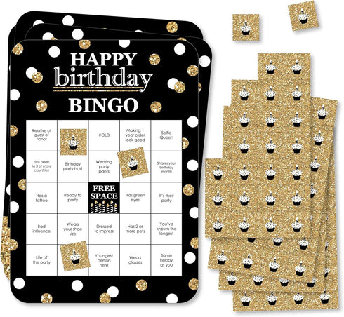 Big Dot of Happiness Adult Happy Birthday Bingo Cards - Gold | Find The Guest Game for Birthday Party - Set of 18