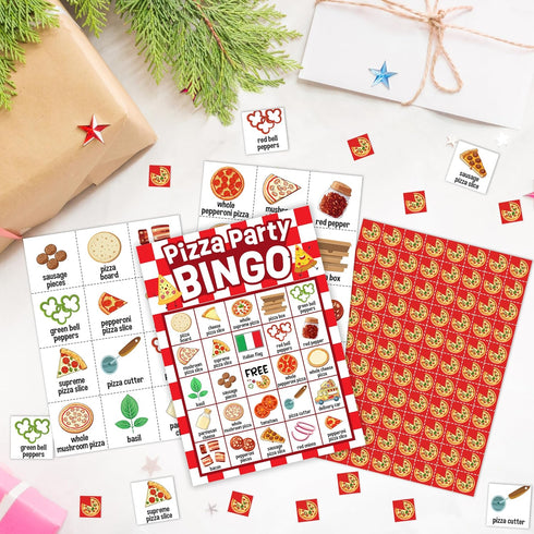 Mueddur Set 24 -05 Pizza Party Bingo Card, Pizza Bingo for Adults Large Group Family Friends, Sleepover Party Game