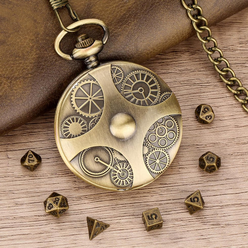 Mini DND Dice Set: 7pcs Polyhedral Metal Dice with Bronze Steampunk Gear Pocket Watch Case