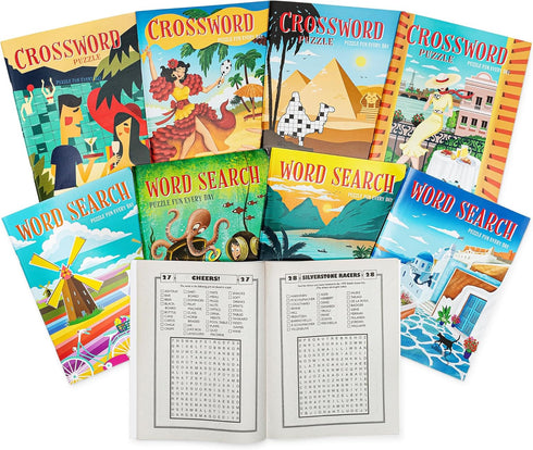 Puzzle Book 8pc Bundle - 4 Crossword & 4 WordSearch Books, Themed Puzzle Fun for Kids Ages 9+