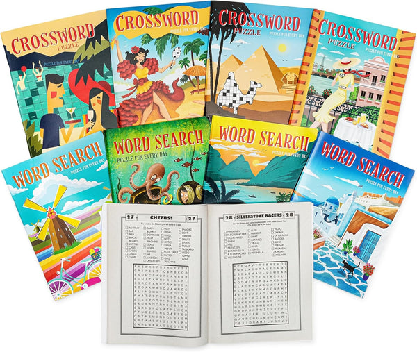 Puzzle Book 8pc Bundle - 4 Crossword & 4 WordSearch Books, Themed Puzzle Fun for Kids Ages 9+
