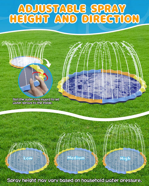 124in 0.5mm Summer Instraella Splash Pad for Kids and Dogs, Non-Slip Sprinkler Mat Thickened Durable and Foldable Large