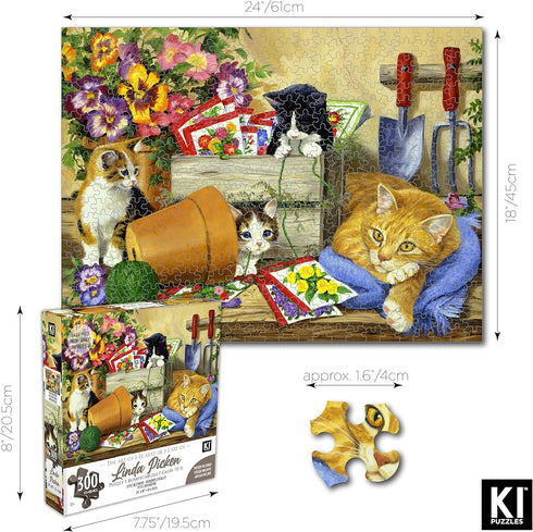 300 Piece Puzzle for Adults, Linda Picken Little Bloomers Cat & Kittens, 24 x 18 Cute Jigsaw