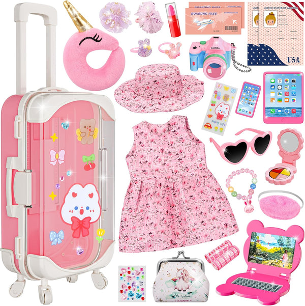 Doll Suitcase Travel Set, 18 inch Doll Clothes and Accessories, 26 Pcs Travel Pillow, Unicorn Bag, Sunglasses, Camera