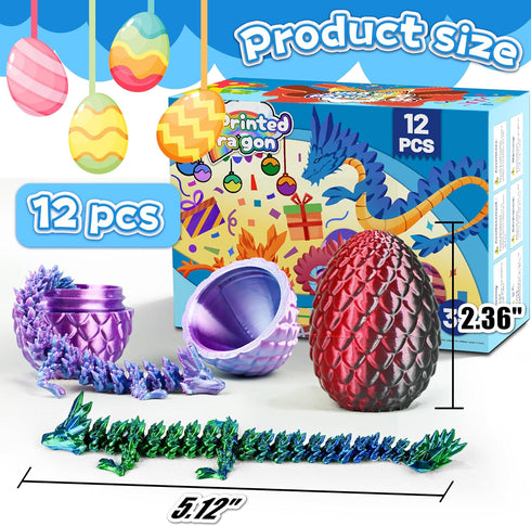 12PCS 3D Set, 3D Printed Dragon Eggs with Dragons Inside, Articulated Fidget Toys Dragon Figurines for Kids Goodie Bag