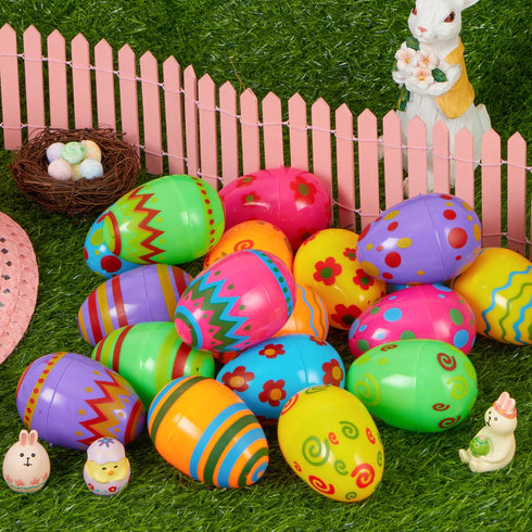 18 3.15'' JOYIN Toy PCs Plastic Printed Bright Easter Eggs, Over Tall Fillable Empty Eggs Bulks for Easter Hunt, Basket