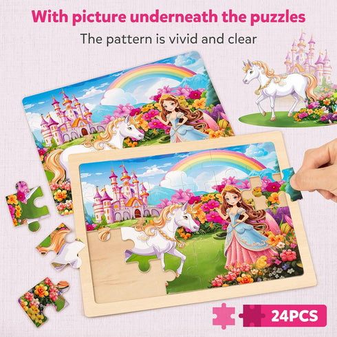SYNARRY Large Unicorn Princess Fairy Wooden Puzzles Gift Box (12.2*9.4 in) - 24 Pcs for Kids Ages 4-6
