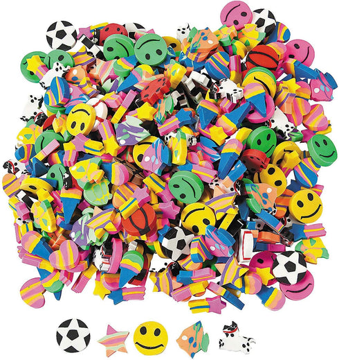 Mini Eraser Assortment - 500 Pack Novelty Pencil Erasers for Kids - Classroom Rewards, Gift Filling Party Favors