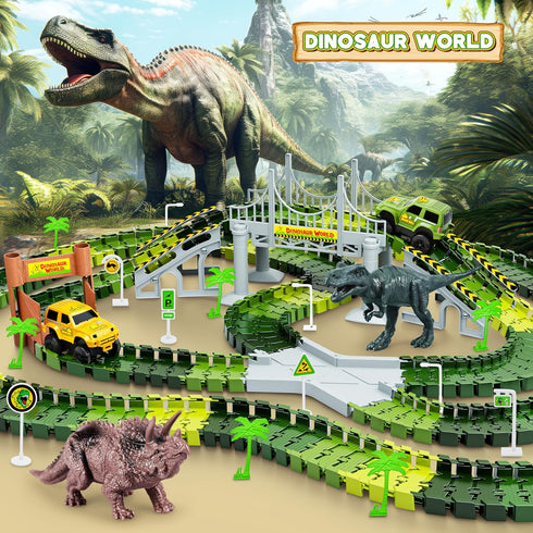 Dinosaur Tracks 271 PCS Set - Create a Dinosaur World Road Race with 2 Cars and 2 Dinosaur Toys for Ages 3-8