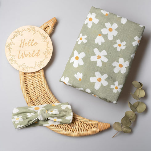 Set Girl|100% Miaoberry Daisy Garden Spring Floral Muslin Swaddle for Baby Organic Cotton Blanket with Matching