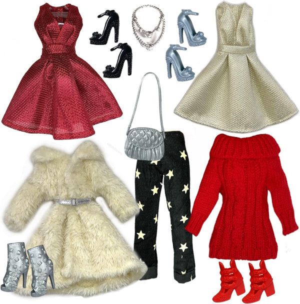 Eledoll 11.5 inch Doll Clothes Lot - Fashion Pack for Winter Holiday & New Years