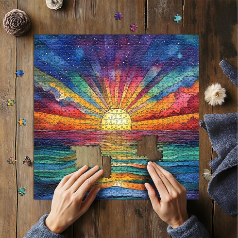 PICKFORU 1000 Sunset Impossible Puzzle for Adults Pieces, Ocean Puzzles with Colorful Rainbow Gradient, Magic Nature