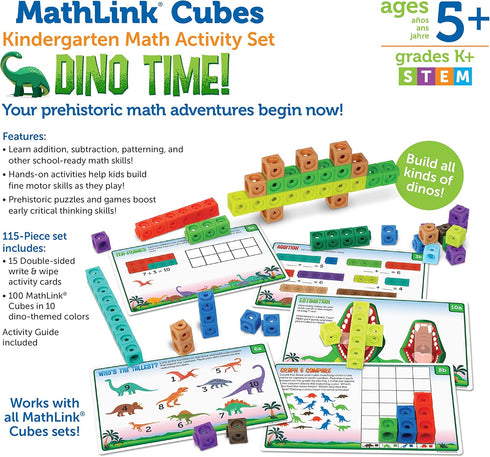 Learning Resources MathLink Cubes Kindergarten Math Activity Set, Dino Time! 115 Pieces for Ages 5+