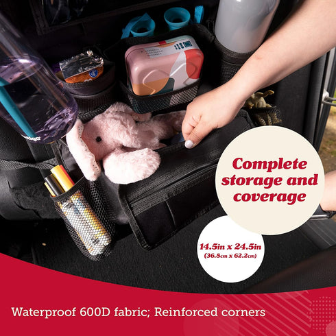 12 Lusso Gear Backseat Car Organizer- Kick Mat Protects Against Kids Feet - Large Storage Pockets - iPad,Tablet, Water