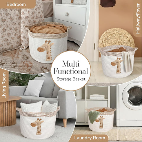 15x11 Giraffe Storage Basket for Nursery Large Cotton Rope Bin with Soft Felt Animal Patch Toy Organizer, Baby Laundry