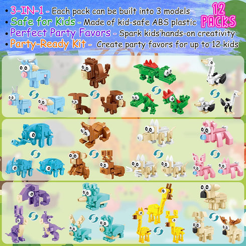 12 Packs 122 LINAYE Building Blocks Party Favors - Pcs Birthday Party Favors Supplies with Goodie Bags, Animals