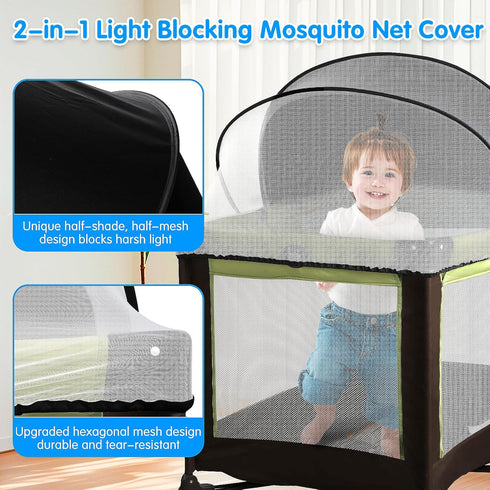 WANRU Pack 2-Way N Play Tent Cover - Half-Blackout Mosquito Net for Crib & Playpen, Baby Bassinet Cover for Cats