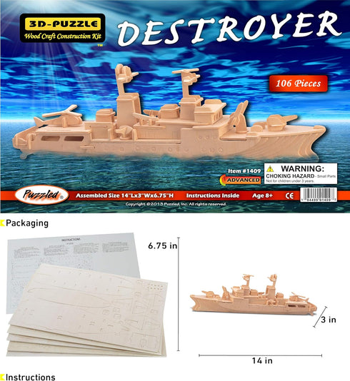 Puzzled 3D Puzzle Destroyer Warship Wood Craft Construction Kit Fun & Educational DIY Wooden Toy Assemble Model Unfinished Craft Hobby Navy Ship Puzzle to Build & Paint for Decoration 106pcs Pack