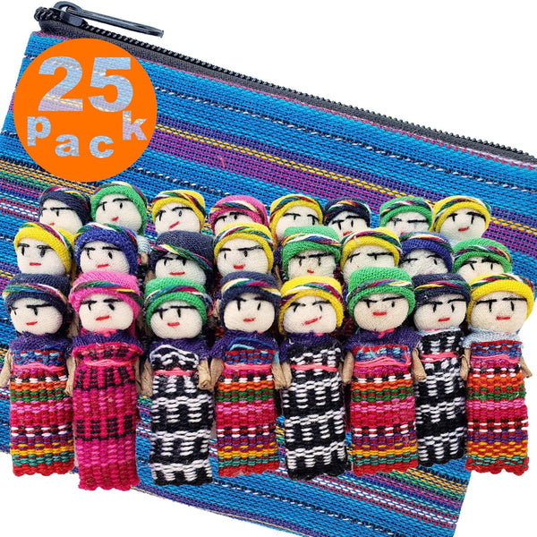 24 Super Cute Worry Dolls + 1 Free Guatemalan Fabric Bag - Mayan Worry People for Anxiety Relief