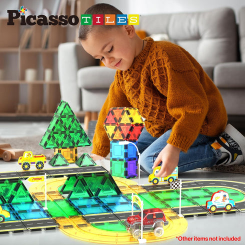 PicassoTiles Magnet Tile Car Track Adventure Theme, Printed Street Road Runway Magnetic Building Tiles Block Set for