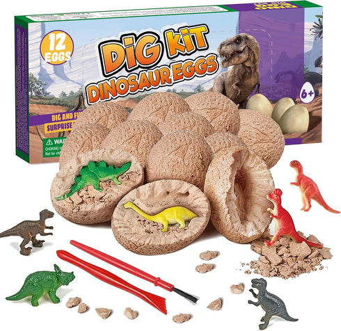 Dino Eggs Dig Kit, 12 Pack Dinosaur Excavation Science Experiments for Kids 4-12, Easter Basket / Stocking Stuffers