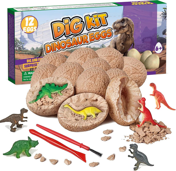Dino Eggs Dig Kit, 12 Pack Dinosaur Excavation Science Experiments for Kids 4-12, Easter Basket / Stocking Stuffers