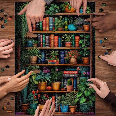 PICKFORU 1000 Vintage Bookshelf Puzzle for Adults Pieces, Book Houseplant Puzzle,Retro Bookshelf Botanical Puzzles