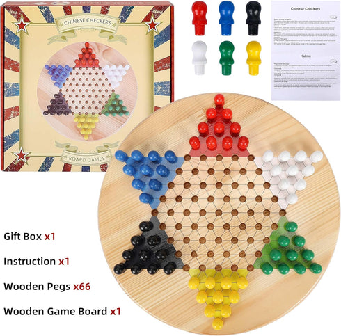 11.5 Inches Set 60+6 Gothink Chinese Checkers Board Game, Classic Game Board - Premium Solid Wood pcs Colorful Pegs