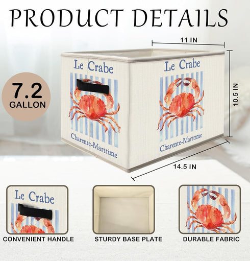 FDHSPAAM Coastal Beach Crab Storage Bins Box with Handles, Nautical Ocean Crab Collapsible Fabric Storage Basket Box