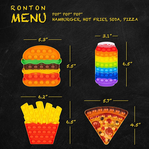 Pop Its Fidget Toys Pack 4 - Stress Relief Poppet Toy for Kids, Autism Learning, French Fry Pizza Hamburger