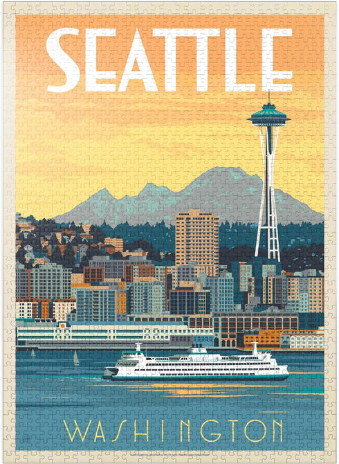 MyPuzzle Seattle, WA: Ferry Vintage Poster - Premium 1000 Piece Jigsaw Puzzle for Adults