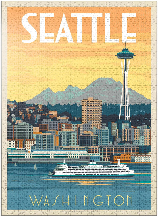 MyPuzzle Seattle, WA: Ferry Vintage Poster - Premium 1000 Piece Jigsaw Puzzle for Adults