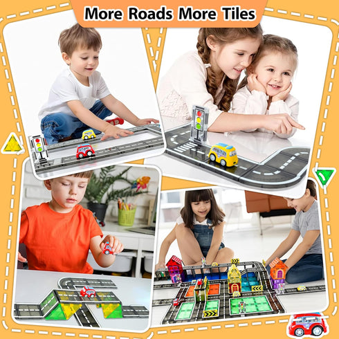82pcs 3+Year Drofex Magnetic Tiles Road, Magnetic Building Blocks Construction Toys for Old Boys Girls, Kids Montessori